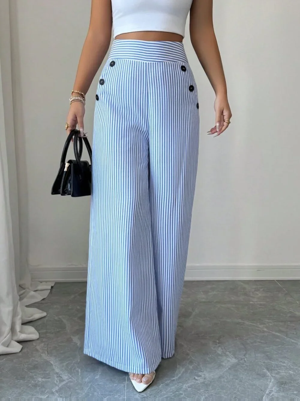 Blue And White Elegant Women's High-Waisted Slim Straight Pants - Picture 6 of 7